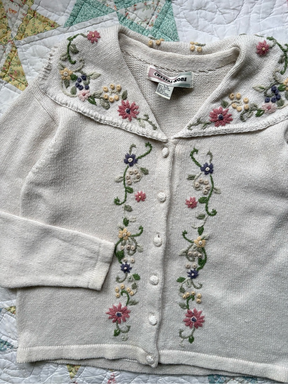 Vintage 90s Floral Embroidered Shawl Neck Cardigan Sweater Large Cottagecore